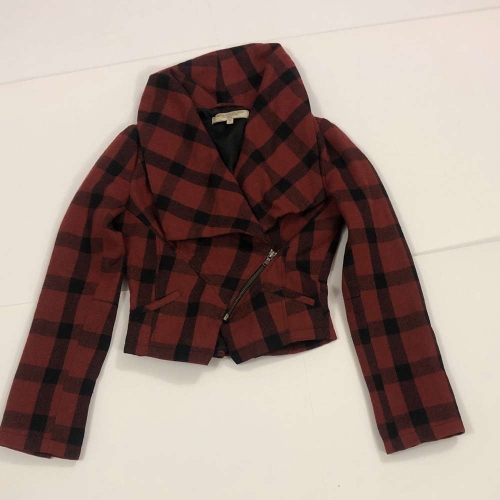 Anthropologie XS Jacket Moto Plaid Lt Brown Black Pockets Zipper Excellent Condi